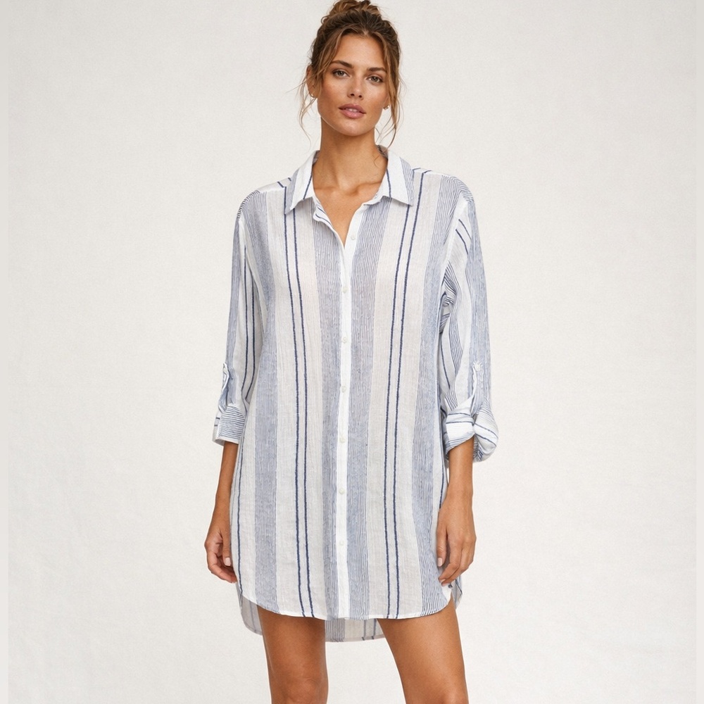 Sundry Destinations Shirt Dress Cover Up Blue White Stripe Cotton Size 0